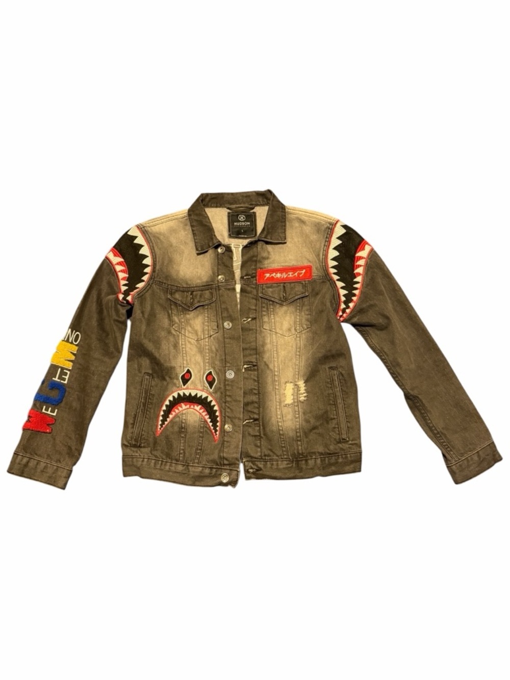 Hudson Jeans black men Denim Jacket with Shark Patch Accents, pre-owned, - Picture 1 of 13